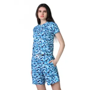 Women's Cotton Blended Printed Round Neck Half Sleeve Top - Shorts Set (SkyBlue)