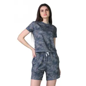 Women's Cotton Blended Printed Round Neck Half Sleeve Top - Shorts Set (Blue)