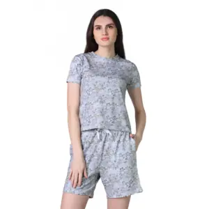 Women's Cotton Blended Printed Round Neck Half Sleeve Top - Shorts Set (Grey)