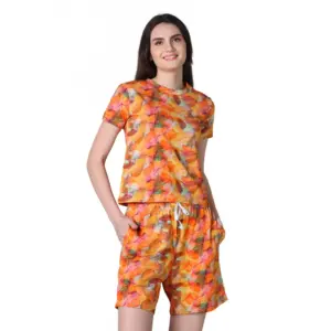 Women's Cotton Blended Printed Round Neck Half Sleeve Top - Shorts Set (Yellow)