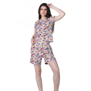 Women's Cotton Blended Printed Round Neck Half Sleeve Top - Shorts Set (Multicolor)