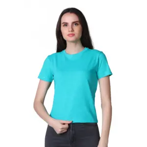Women's Cotton Solid Closure Neck Half Sleeve T-Shirt (SeaGreen)
