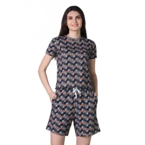Women's Cotton Blended Printed Round Neck Half Sleeve Top - Shorts Set (Blue-Brown)