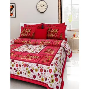 Cotton Printed Queen Size Bedsheet With 2 Pillow Covers (Red, 90x100 Inch)
