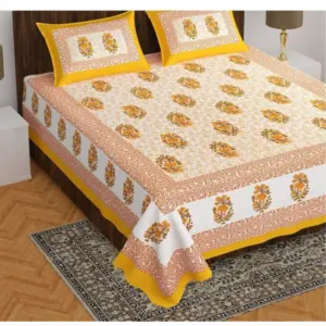 Cotton Printed Queen Size Bedsheet With 2 Pillow Covers (Yellow, 90x100 Inch)