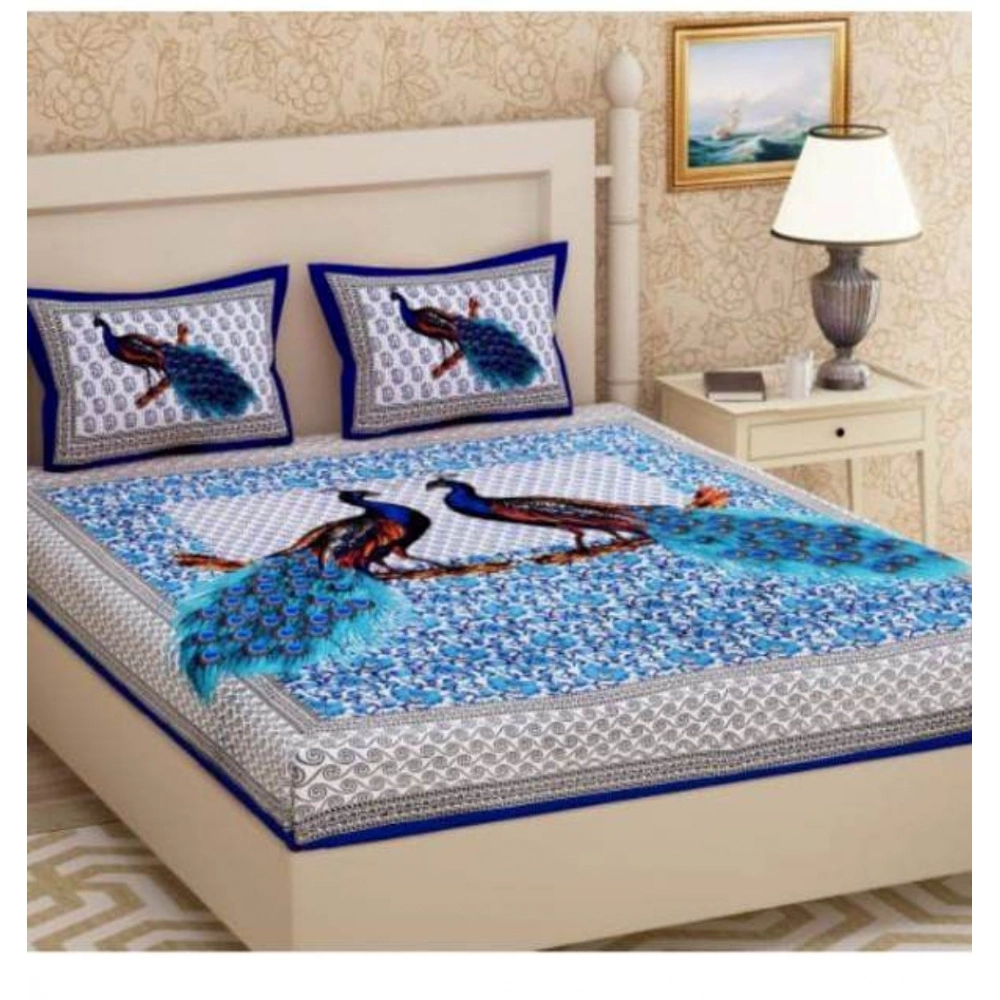 Cotton Printed Queen Size Bedsheet With 2 Pillow Covers (Blue, 90x100 Inch)