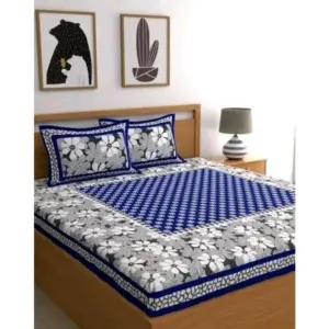 Cotton Printed Queen Size Bedsheet With 2 Pillow Covers (Blue, 90x100 Inch)
