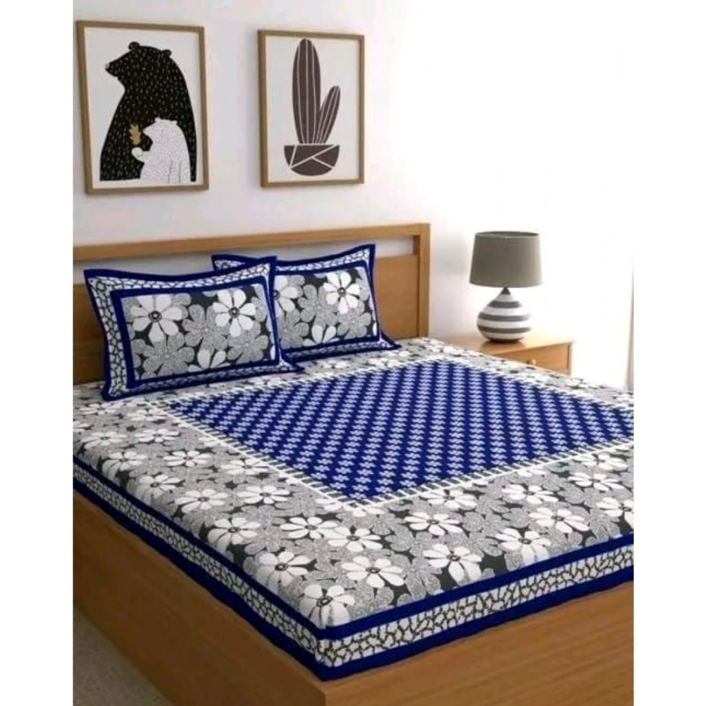 Cotton Printed Queen Size Bedsheet With 2 Pillow Covers (Blue, 90x100 Inch)