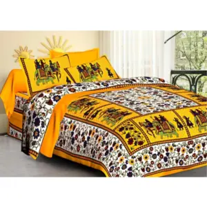 Cotton Printed Queen Size Bedsheet With 2 Pillow Covers (Yellow, 90x100 Inch)
