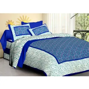 Cotton Printed Queen Size Bedsheet With 2 Pillow Covers (Blue, 90x100 Inch)