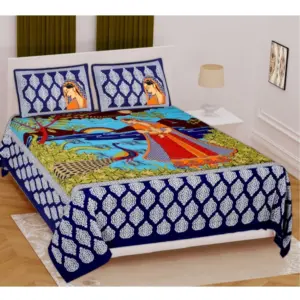 Cotton Printed Queen Size Bedsheet With 2 Pillow Covers (Blue, 90x100 Inch)