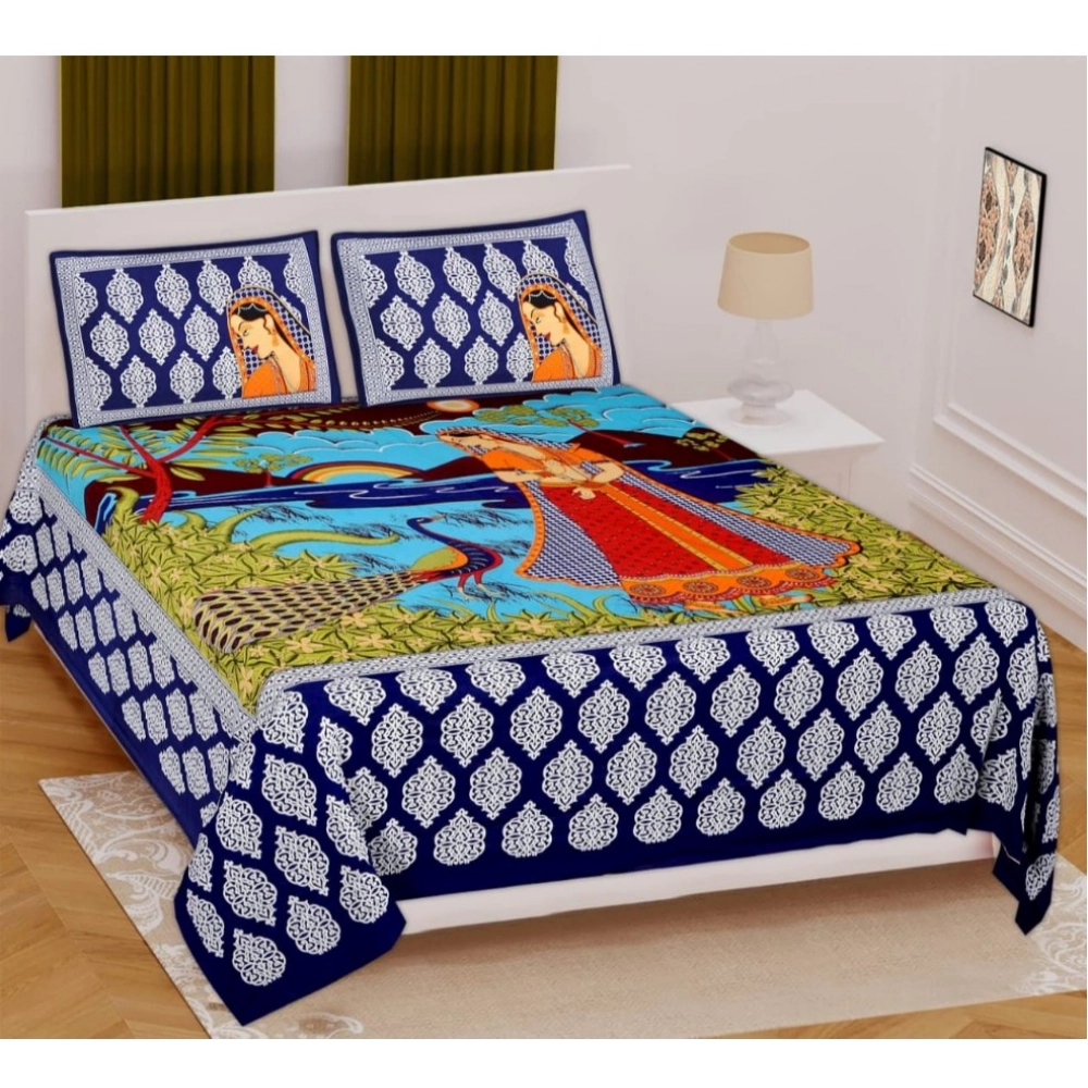 Cotton Printed Queen Size Bedsheet With 2 Pillow Covers (Blue, 90x100 Inch)