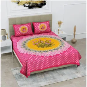 Cotton Printed Queen Size Bedsheet With 2 Pillow Covers (Pink, 90x100 Inch)