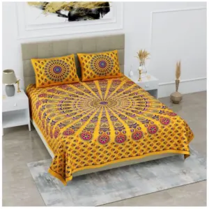 Cotton Printed Queen Size Bedsheet With 2 Pillow Covers (Yellow, 90x100 Inch)