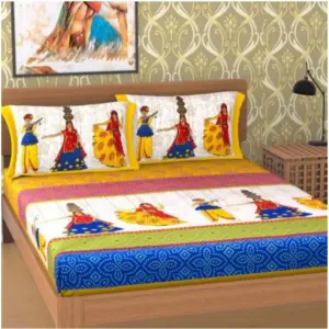 Cotton Printed Queen Size Bedsheet With 2 Pillow Covers (Yellow, 90x100 Inch)