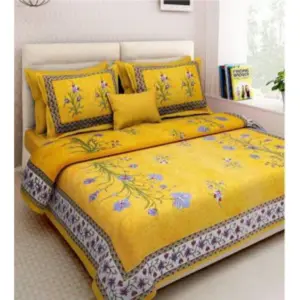 Cotton Printed Queen Size Bedsheet With 2 Pillow Covers (Yellow, 90x100 Inch)