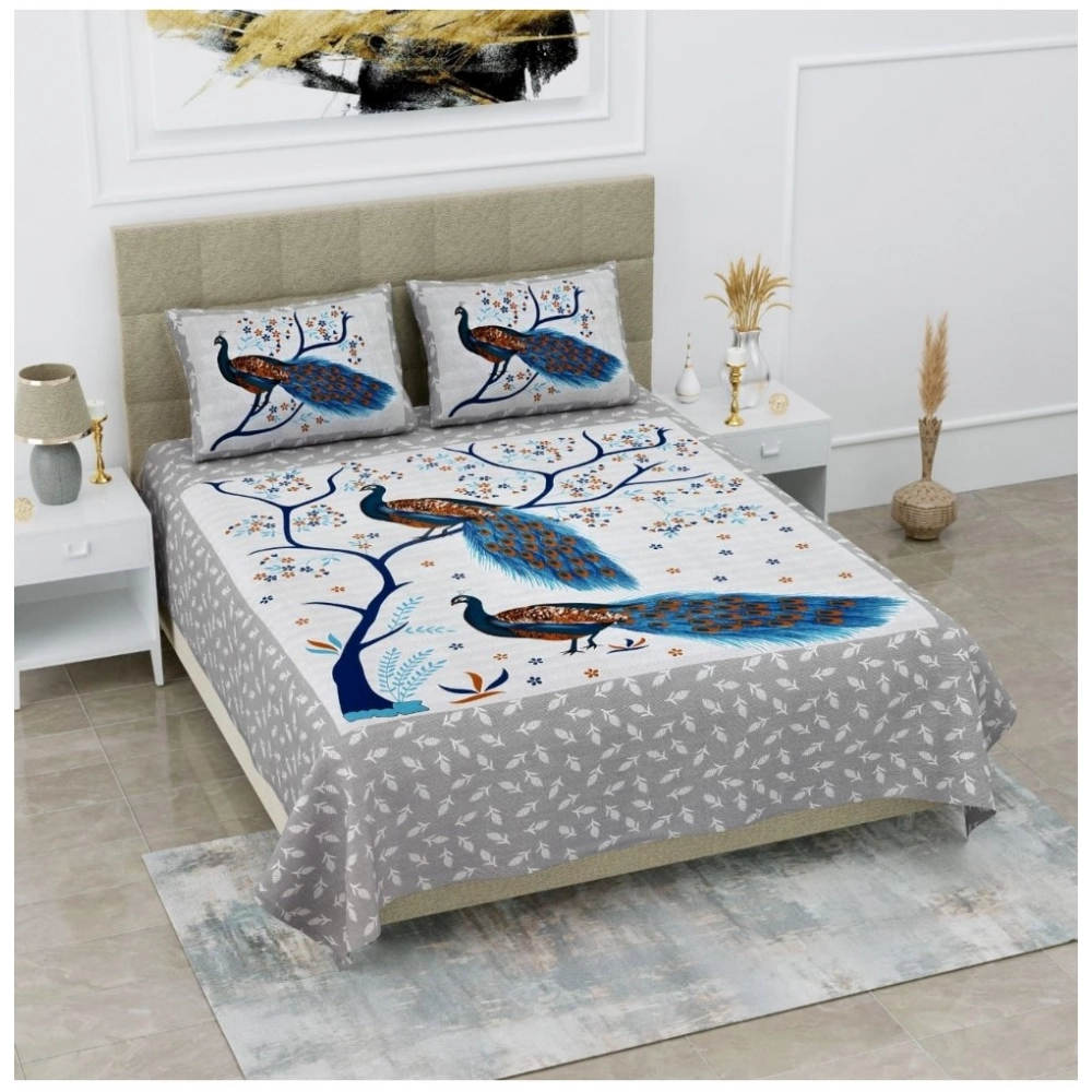 Cotton Printed Queen Size Bedsheet With 2 Pillow Covers (White, 90x100 Inch)