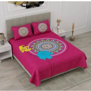Cotton Printed Queen Size Bedsheet With 2 Pillow Covers (Pink, 90x100 Inch)