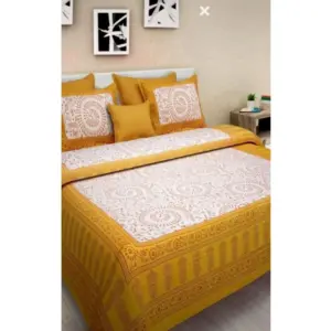 Cotton Printed Queen Size Bedsheet With 2 Pillow Covers (Yellow, 90x100 Inch)