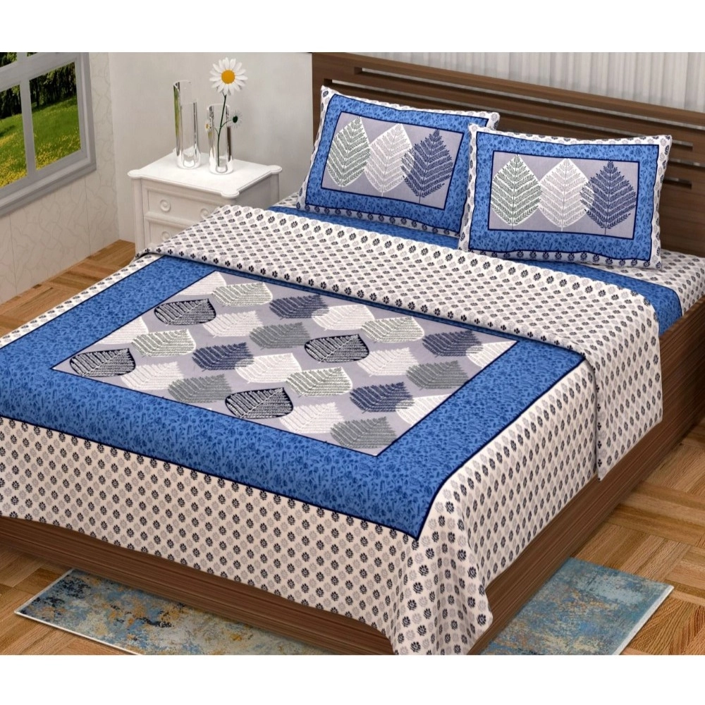 Cotton Printed Queen Size Bedsheet With 2 Pillow Covers (Blue, 90x100 Inch)