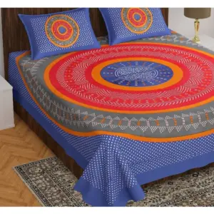 Cotton Printed Queen Size Bedsheet With 2 Pillow Covers (Blue, 90x100 Inch)