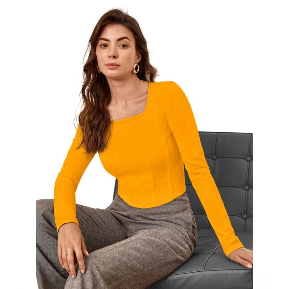 Women's Polyester Solid Full Sleeves Square Neck Top (Yellow) - Image 5