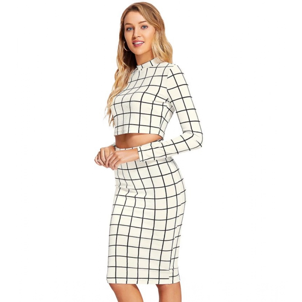 Women's Polyester Checkered Full Sleeves Stand Collar Crop Top Skirt Set (White) - Image 4