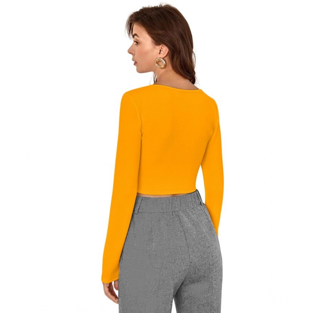Women's Polyester Solid Full Sleeves Square Neck Top (Yellow) - Image 2