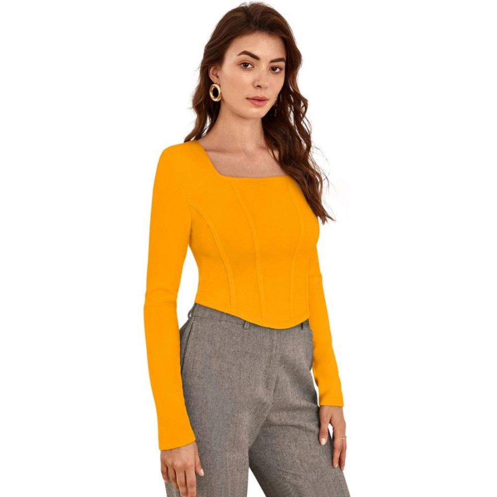 Women's Polyester Solid Full Sleeves Square Neck Top (Yellow) - Image 4