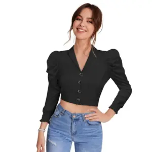 Women's Polyester Solid Puff Sleeves Lapel Collar Top (Black)