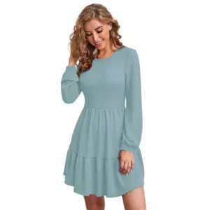 Women's Knitting stretchable Solid Round Neck Full Sleeve Dress (Pista)