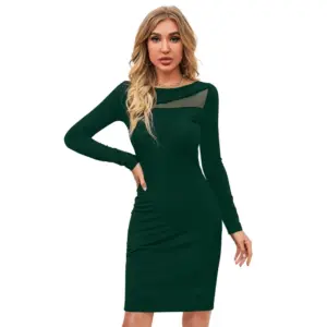 Women's Knitting stretchable Solid Round Neck Full Sleeve Dress (Green )