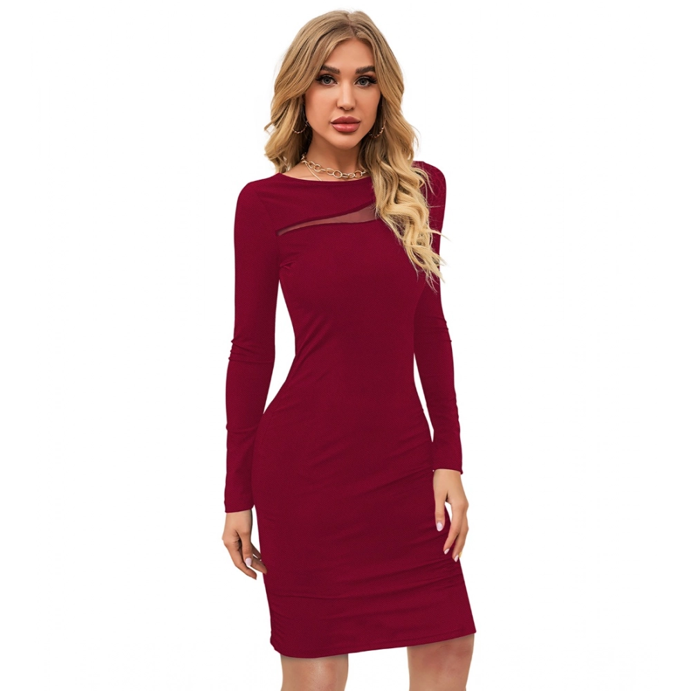 Women's Knitting stretchable Solid Round Neck Full Sleeve Dress (Maroon) - Image 4