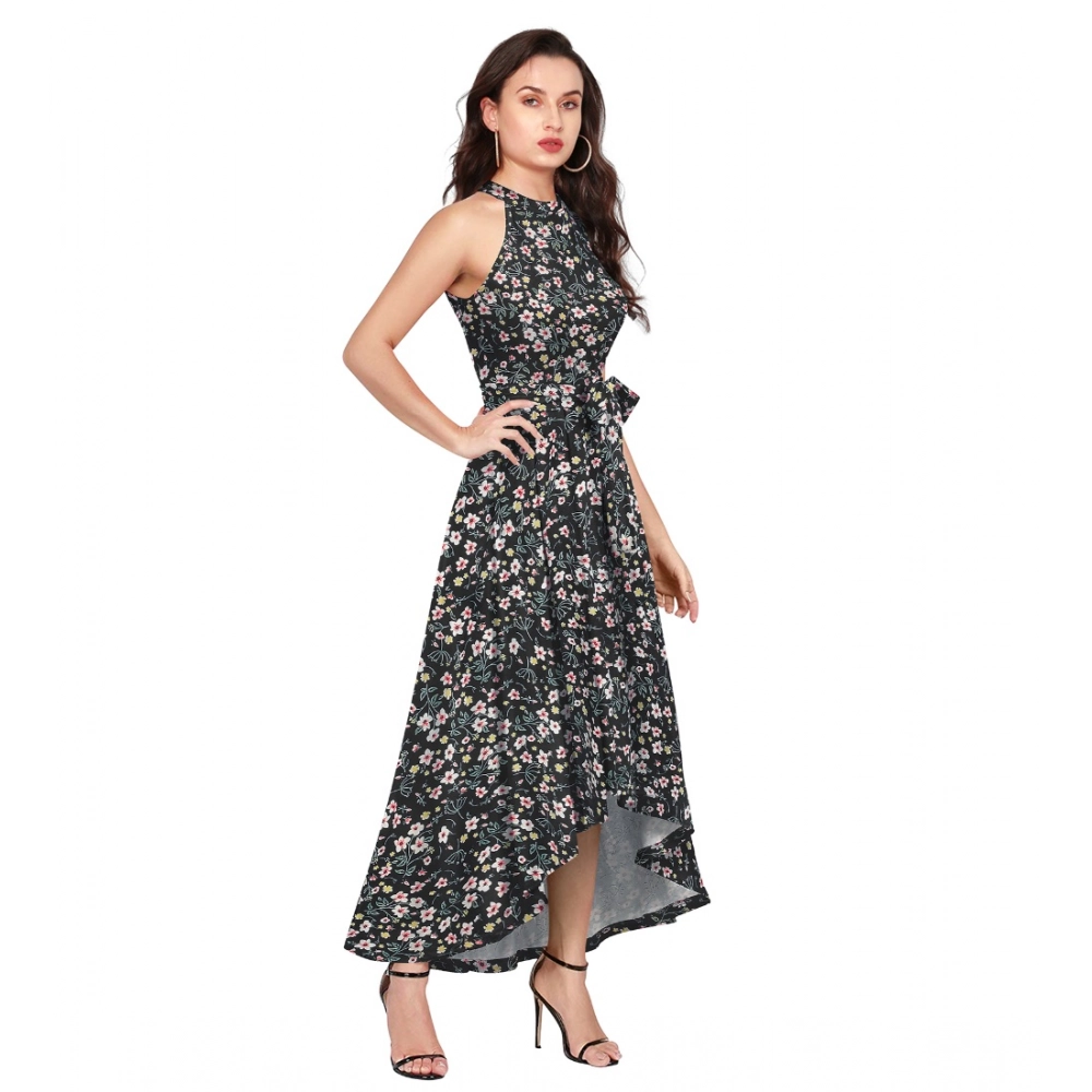 Women's Polyester Printed Halter Neck Sleeveless Dress (Black) - Image 4