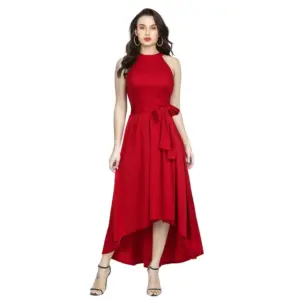 Women's Polyster Solid Halter Neck Sleeveless Dress (Red)