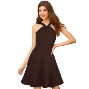 Women's Knitting stretchable Solid Halter Neck Sleeveless Dress (Coffee)
