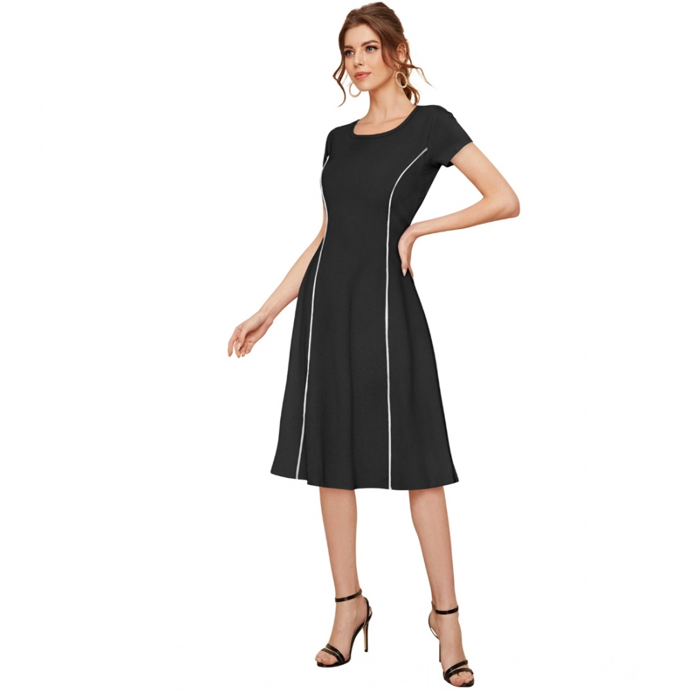 Women's Knitting stretchable Solid Round Neck Cap Sleeve Dress (Black) - Image 2