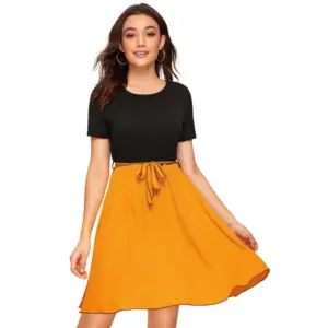 Women's Knitting stretchable Solid Round Neck Cap Sleeve Dress (Yellow)