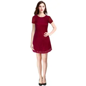 Women's Rasal Solid Round Neck Cap Sleeve Dress (Maroon)