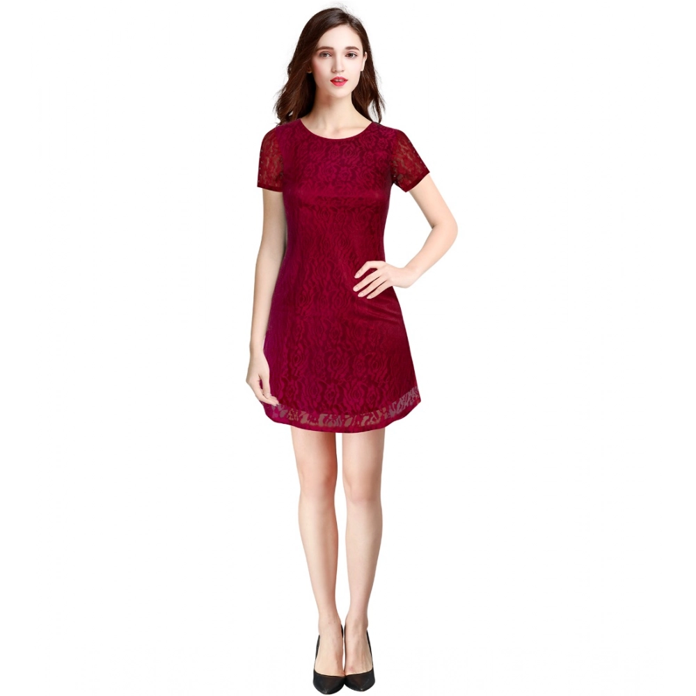 Women's Rasal Solid Round Neck Cap Sleeve Dress (Maroon)