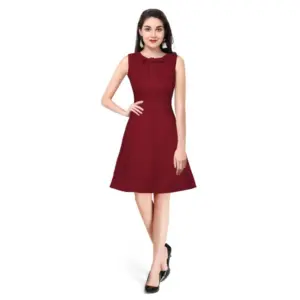 Women's Polyester Solid Round Neck Sleeveless Dress (Maroon)