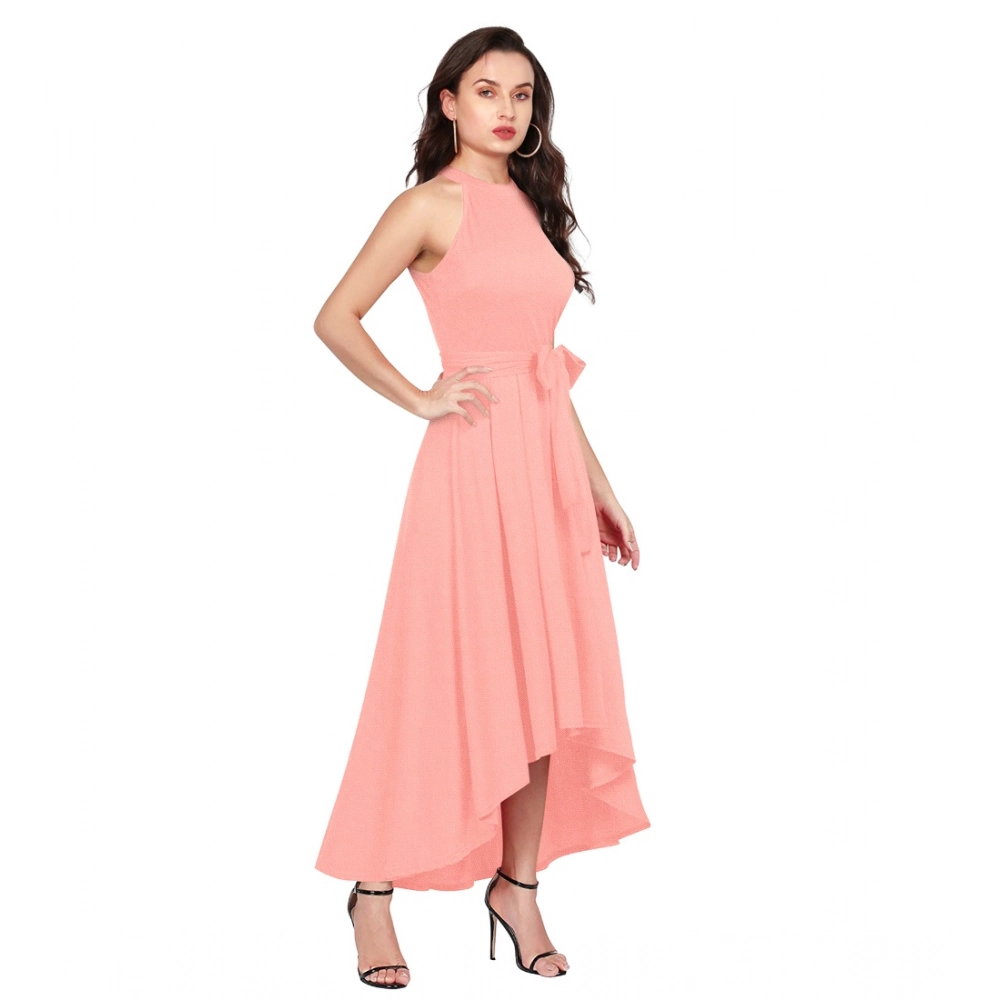 Women's Polyster Solid Halter Neck Sleeveless Dress (Peach) - Image 5