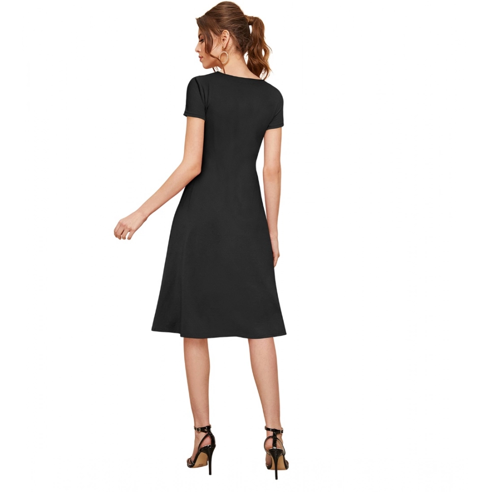 Women's Knitting stretchable Solid Round Neck Cap Sleeve Dress (Black) - Image 5