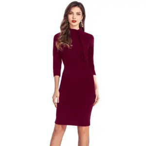 Women's Knitting stretchable Solid Round Neck 3-4th Dress (Maroon)