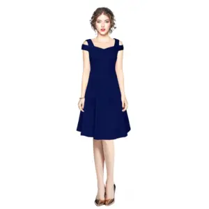 Women's Polyester Solid V Neck Cap Sleeve off Shoulder Dress (Blue)