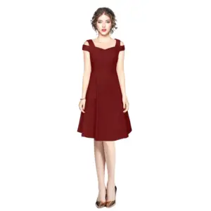 Women's Polyester Solid V Neck Cap Sleeve off Shoulder Dress (Maroon)