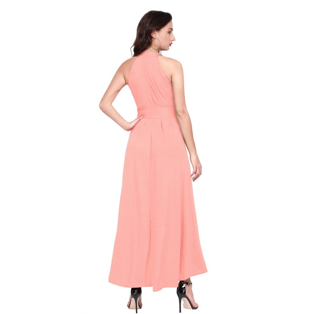 Women's Polyster Solid Halter Neck Sleeveless Dress (Peach) - Image 2