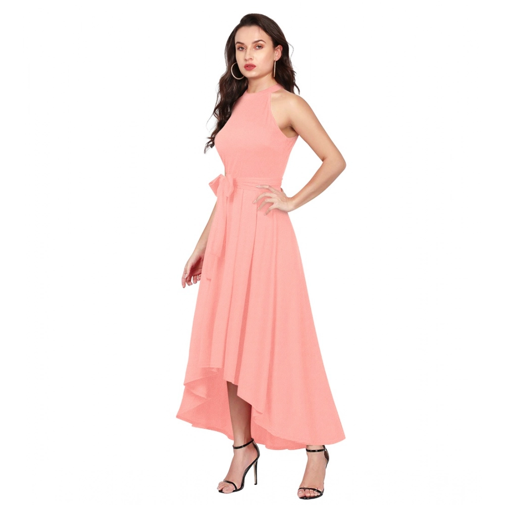 Women's Polyster Solid Halter Neck Sleeveless Dress (Peach) - Image 4