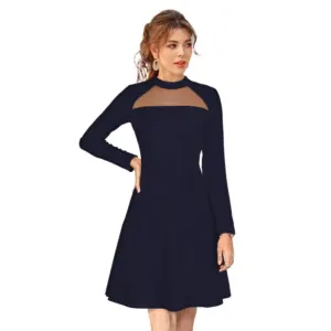 Women's Knitting stretchable Solid Round Neck Full Sleeve Dress (Blue)