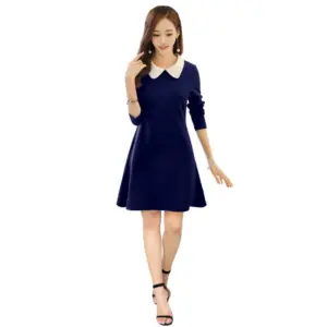 Women's Polyester Solid Collar 3-4th Dress (Blue)